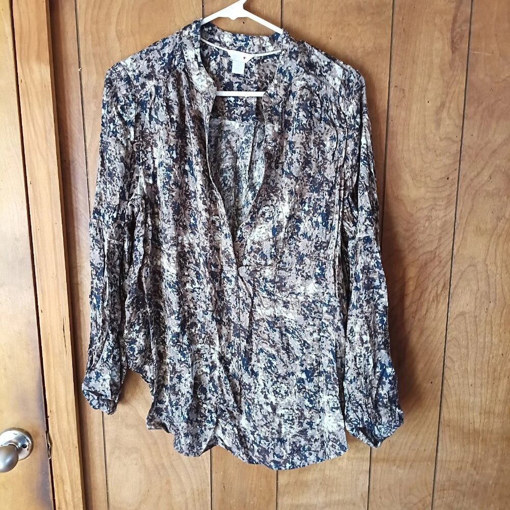 Intro Women Rayon Blouse Size L Brown Blue Abstract Print Boho Flowy Long Sleeve
